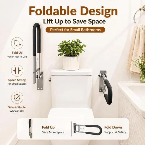 Miniatura 5 de Barra de agarre plegable para inodoro con soporte para papel, riel de seguridad para discapacitados de baño montado en la pared de 24 pulgadas