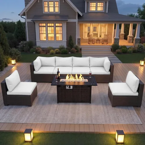 Miniatura 12 de LEVELEVE Juego de muebles de patio al aire libre, sofá seccional de conversación de ratán de tejido manual con mesa de centro de vidrio templado