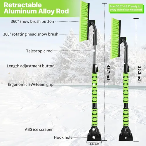 Miniatura 6 de OUSHASAA - Raspador de hielo y cepillo de nieve de 44" para parabrisas de coche con extensión, giro de 360°, cabezal de cerdas suaves, empuñadura