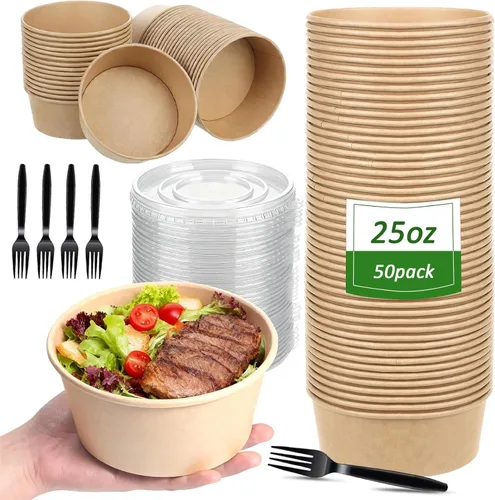Retainbre Paquete de 50 unidades 25 oz Cuencos de papel desechables con tapas y tenedores para ensaladas para llevar, recipientes para comida fría y