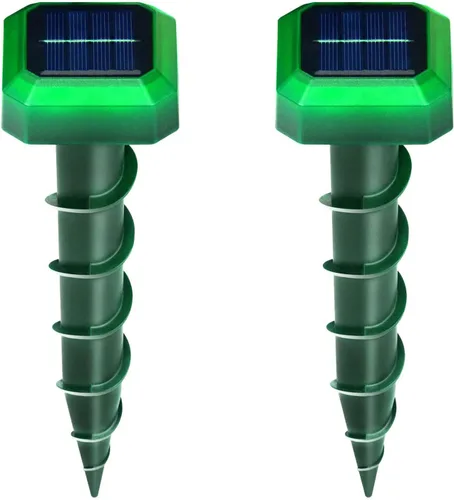 Paquete de 2 repelentes de ratones de energía solar 2024 con estacas en forma de tornillo para exteriores, repelente ultrasónico de topos para