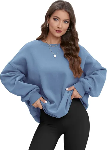 Miniatura 5 de ATHMILE Sudadera de gran tamaño para mujer, cuello redondo, forro polar, manga larga, sudaderas con capucha, tops de otoño, ropa de moda 2023