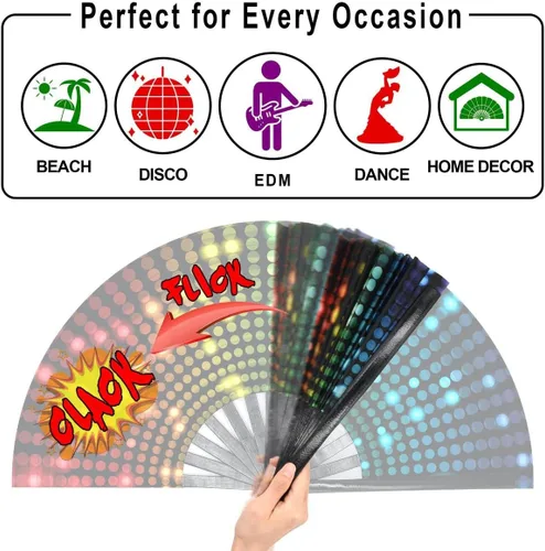 Miniatura 5 de Zolee Ventilador de mano plegable UV Glow Rave con varillas de bambú para hombres y mujeres, gran ventilador de festival Clack - para EDM, fiesta