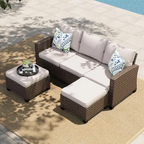 Miniatura 8 de Juego de Muebles de Patio Pequeño, Juego Seccional de Exterior de Mimbre de 3 Piezas, Juego de Sofá de Patio en Forma de L, Juego de Conversación