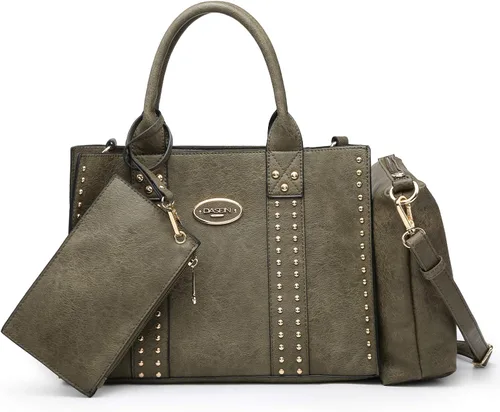 Miniatura 12 de Dasein - Bolsos y carteras de mano para mujer, set de bolso tipo bandolera con asa superior, 3 piezas Beige monograma