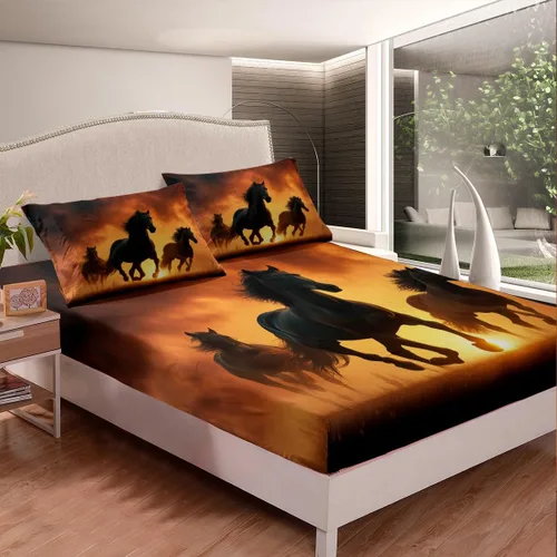 Miniatura 2 de Juego de ropa de cama de caballo negro, tamaño individual, sábana bajera ajustable de animales del oeste para niños, adultos, niños y hombres, juego
