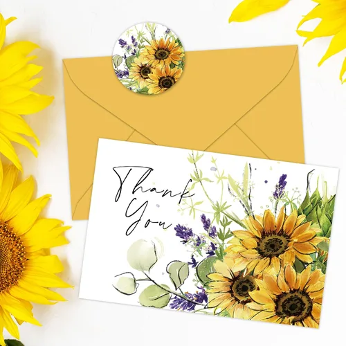 Miniatura 4 de Whaline Paquete de 24 tarjetas de agradecimiento de girasol, tarjetas de felicitación florales de acuarela a granel con adhesivo sobre para notas