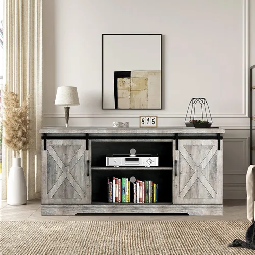 Miniatura 9 de IDEALHOUSE Soporte de TV de granja, centro de entretenimiento para consola multimedia de TV de 65 pulgadas, puertas de granero blancas