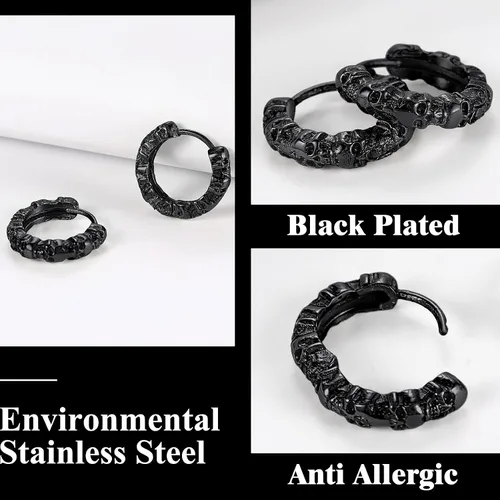 Miniatura 3 de Richsteel Aretes de calavera para mujer y hombre, góticos, de acero inoxidable, chapados en oronegro, pequeño aro punk de serpientedragón