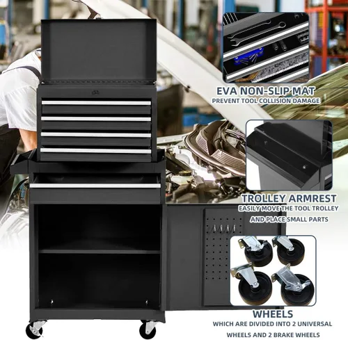 Miniatura 5 de X&T Caja de herramientas con ruedas compuestas, organizadores de pecho desmontables con cerradura con 4 ruedas y 5 cajones, armario
