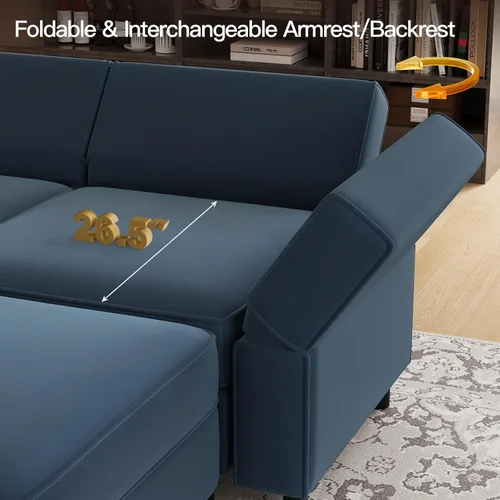 Miniatura 5 de Belffin - Sofá cama modular con otomanas, de terciopelo, reversible y con asiento con almacenamiento, color azul