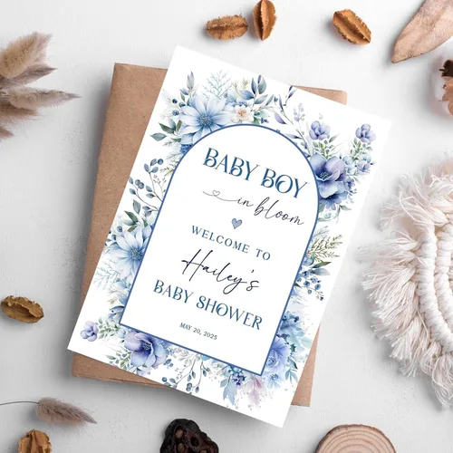Miniatura 3 de Letrero de bienvenida personalizado para bebé, decoración de ducha de bebé en flor, tema floral azul, regalo para recién nacido de mamá y papá