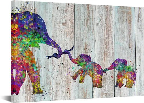 Zlove Lienzo decorativo para pared, diseño de elefante colorido, imágenes divertidas de animales de bebé, 24 x 36 pulgadas