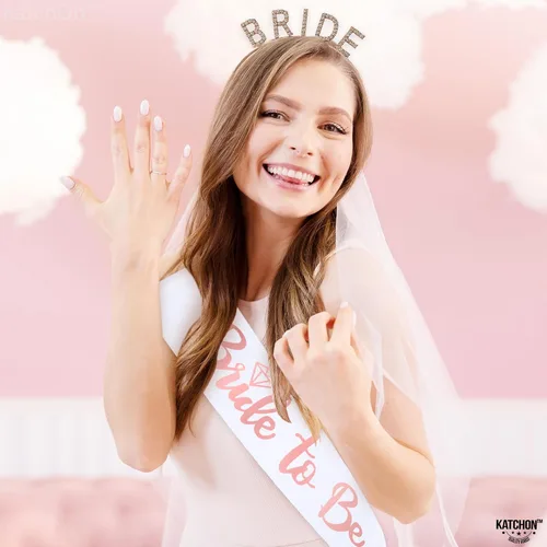 Miniatura 4 de KatchOn, Corona de novia de oro rosa y banda para la novia – Paquete de 2 Banda y diadema para novia Corona de novia para despedida de soltera