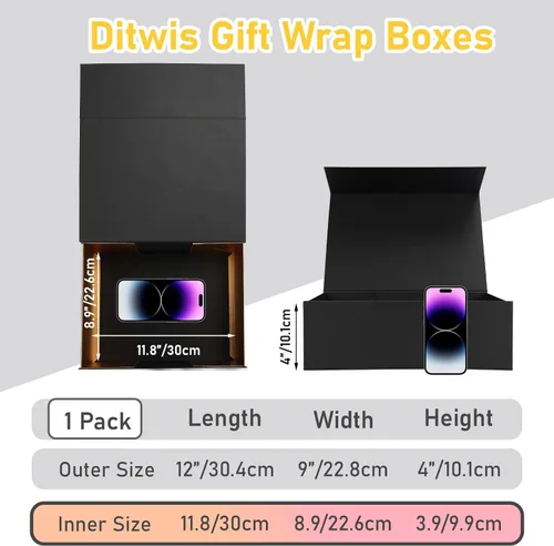Miniatura 3 de Ditwis Caja de regalo de 12x9x4 pulgadas con tapa de cierre magnético, caja magnética negra y dorada para boda, propuesta de padrinos y damas