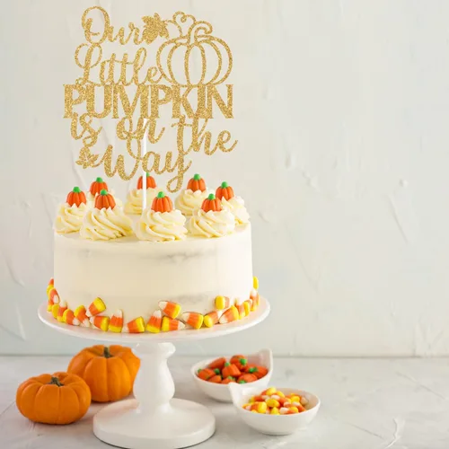 Miniatura 4 de Decoración para tartas con purpurina dorada, «Our Little Pumpkin is on the Way», «Sweet Little Pumpkin/A Little Pumpkin is on the Way», decoración