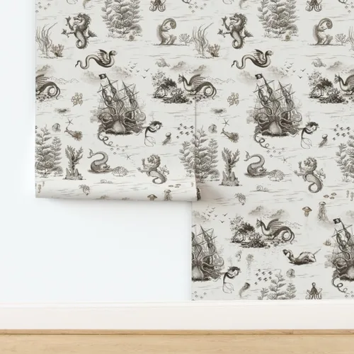 Miniatura 4 de Spoonflower Papel tapiz para despegar y pegar, diseño vintage de dragón, océano, pulpo, sepia, toile, sirena, steampunk, papel tapiz extraíble