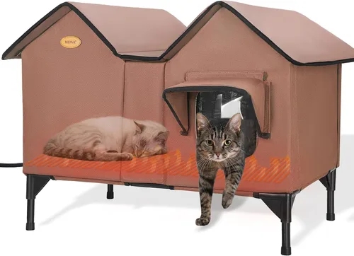 Miniatura 9 de Casa climatizada para gatos para exteriores en invierno, casa elevada para gatos al aire libre, resistente a la intemperie, puerta de escape