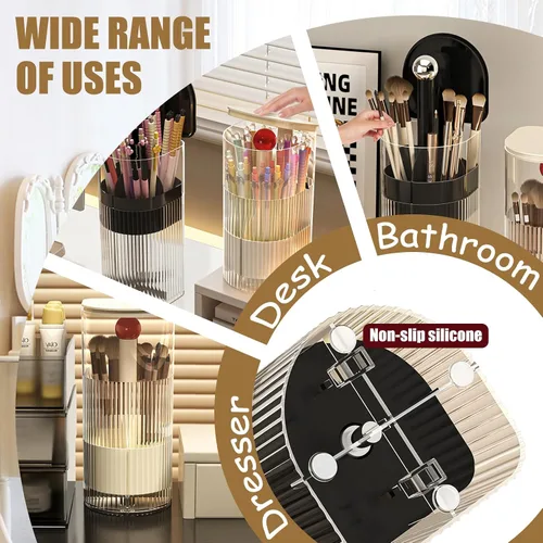 Miniatura 4 de Soporte para brochas de maquillaje con tapa, mecanismo de apertura y cierre con una sola mano, organizador de herramientas cosméticas, transparente