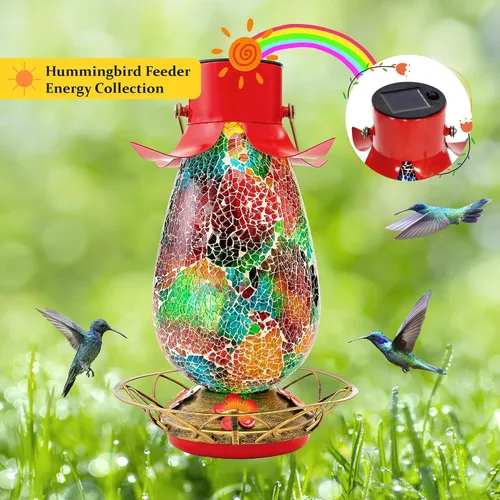 Miniatura 6 de Comedero solar LED para colibríes para exteriores, mosaico de vidrio multicolor, botella de néctar de colibrí colgante con 4 estaciones