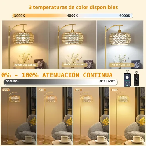 Miniatura 2 de Lámpara de pie dorada para sala de estar con 3 temperaturas de color, lámparas de pie bohemias de arco con control remoto, lámpara de pie de ratán