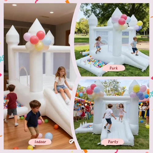 Miniatura 4 de Casa de Rebote Blanca, Casa de Rebote para Interiores y Exteriores, Casa de Rebote Inflable con Pozo de Pelotas y Tobogán, Casa de Rebote para Niños