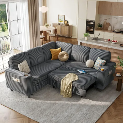 Miniatura 17 de LINSY HOME Sofá cama modular extraíble para sala de estar (beige, sofá cama 1) Sofá cama extraíble, almacenamiento, carga USB, portavasos, pana