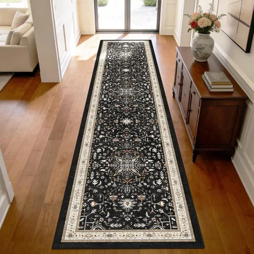 nesrt Alfombra bohemia lavable de 2 x 10 pies, suave, antideslizante, extra larga, alfombra de cocina, color negro, vintage, geométrico, camino de
