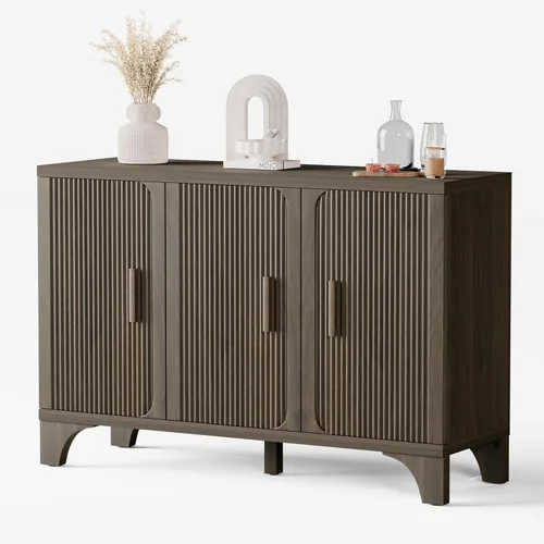 Miniatura 12 de Gabinete de buffet acanalado moderno de mediados de siglo con almacenamiento, aparador decorativo y armario de almacenamiento de credenza con Roble