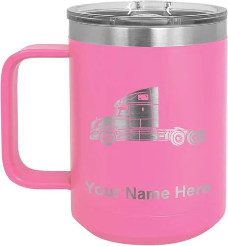 Miniatura 51 de LaserGram Taza de café aislada al vacío de 15 onzas, cabina de camión, grabado personalizado incluido (negro)