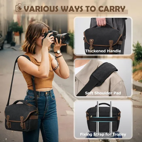 Miniatura 6 de RAINSMORE - Bolsa de cámara de lona, estuche para cámara DSLR/SLR/sin espejo, bolsas de hombro compactas para fotógrafos con funda para la lluvia