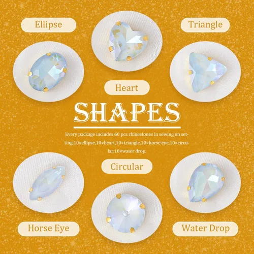 Miniatura 3 de TANOSII 60 diamantes de imitación para coser con formas mixtas, gemas de cristal con parte trasera plana mental con garra dorada para joyas, Azul