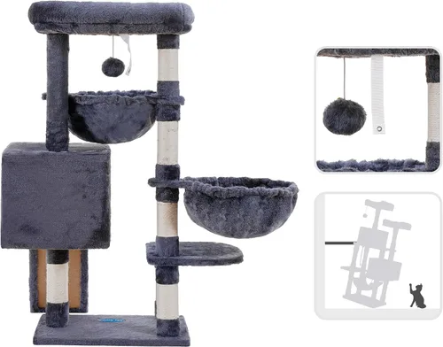 Miniatura 7 de Hey-brother Árbol para gatos, torre para gatos de interior, casa para gatos con cama acolchada grande, acogedor condominio, hamacas, postes Gris
