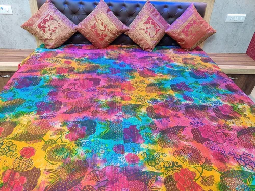 Miniatura 16 de Sophia-Art Colcha reversible de frutas indias para cama individual/king con patrón Gudri de algodón puro estilo Kantha, colcha decorativa con Rosa