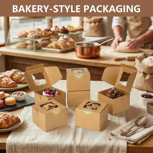 Miniatura 4 de Paquete de 80 cajas de galletas con ventana, cajas de papel kraft de 4 x 4 x 2.5 pulgadas para golosinas, postres, mini pasteles, galletas