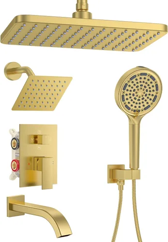 Brushed Gold Rainfall Shower System – Complete Spa Faucet Set with Filtered Handheld Sprayer & Mixer Valve – Modern High Pressure Bathroom Fixture
