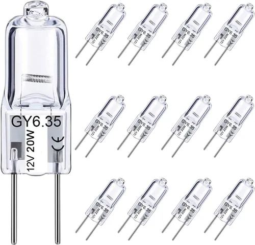Bombilla GY6.35 de 20 W, paquete de 12 bombillas regulables GY6.35 Q20/CL/GY6/12V/T3/T4 JC tipo GY6.35/G6.35 base bipin AC/DC 12V blanco cálido