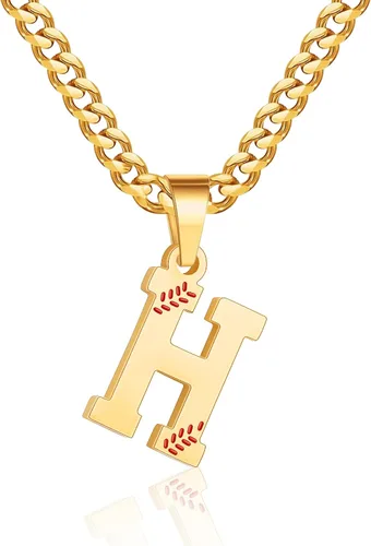 Miniatura 48 de Avotto Collar de béisbol con letra inicial de la A a la Z para niños y hombres, cadena cubana de acero inoxidable resistente que no se decolora