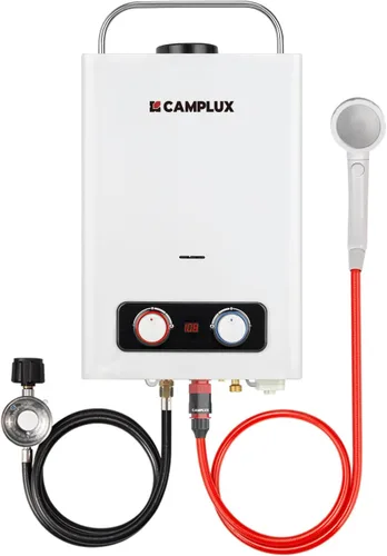 Calentador de agua sin tanque, Camplux 1.58 GPM - Calentador de gas propano para exteriores con asa portátil, color blanco, 6L