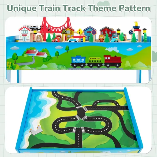 Miniatura 9 de Mesa de Tren INFANS, Juego de 80 Piezas de Madera para Niños con Juego de Actividad Reversible y Desmontable, Pistas, Tren, Ferrocarril, Ciudad