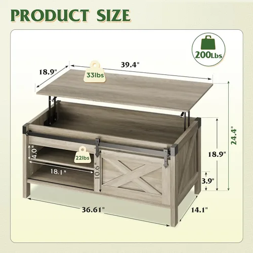 Miniatura 3 de WLIVE Mesa de Centro con Tapa Elevable, Mesa de Centro Estilo Granja de 39.4 pulgadas con Gran Compartimento de Almacenamiento Oculto, Puertas