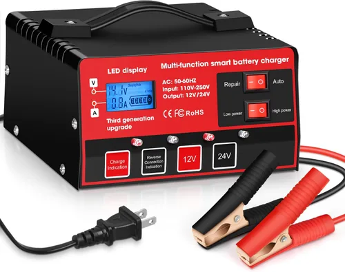 Outerman - Cargador de batería de automóvil, 12 V, 24 V, de plomo-ácido, pantalla LCD, mantenimiento automático de batería inteligente con