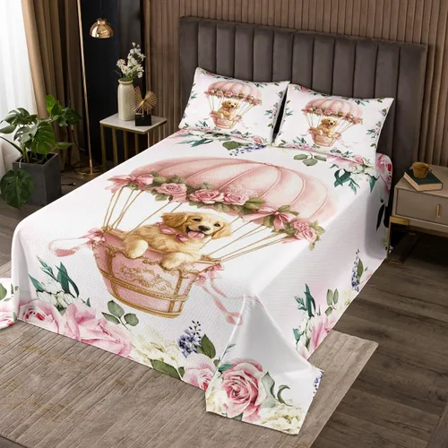 Miniatura 13 de Manfei Lindo pingüino para niños, tamaño individual, juego de colcha de princesa con lazo rosa con globo aerostático, decoración de habitación