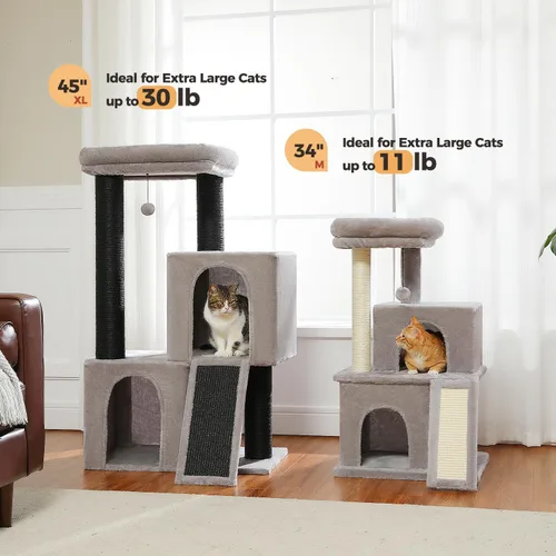 Miniatura 4 de MUTTROS Árbol de Servicio Pesado para Gatos de Interior Adultos, Torre para Gatos de 45 Pulgadas con Rampa Rascadora de Sisal, 2 Condominios
