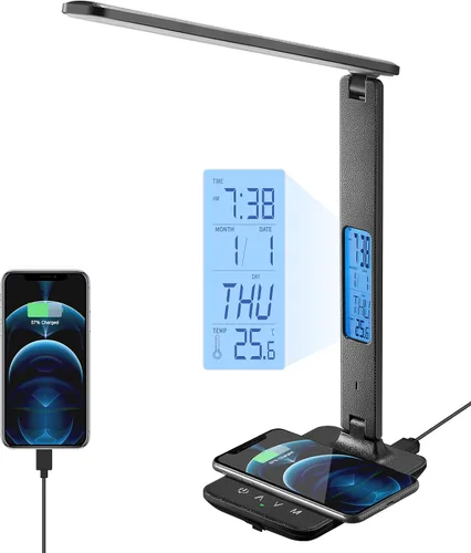 Lámpara de escritorio LED con cargador inalámbrico, puerto de carga USB, lámpara de mesa con reloj, alarma, fecha, temperatura, lámparas de Negro