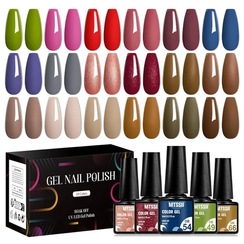 Miniatura 20 de MTSSII Juego de 18 esmaltes de uñas de gel, color nude, rosa, azul, amarillo, kit de esmalte de uñas de gel, compatible con lámpara UV/LED, remojar