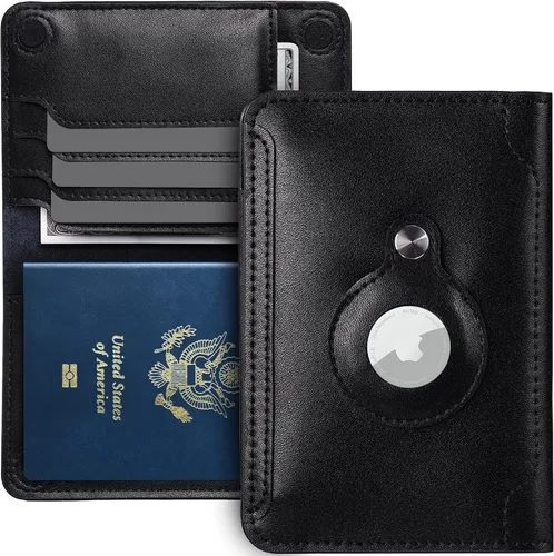 TAGSMATE Cartera para pasaporte AirTag y tarjeta de vacunación, funda de viaje con bloqueo RFID de cuero genuino para hombre, soporte delgado