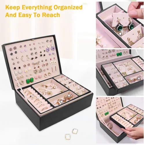 Miniatura 2 de Joyero organizador para mujer, organizador de aretes, cajas de almacenamiento de joyas multicapa, regalo ideal, aretes de piel sintética, caja
