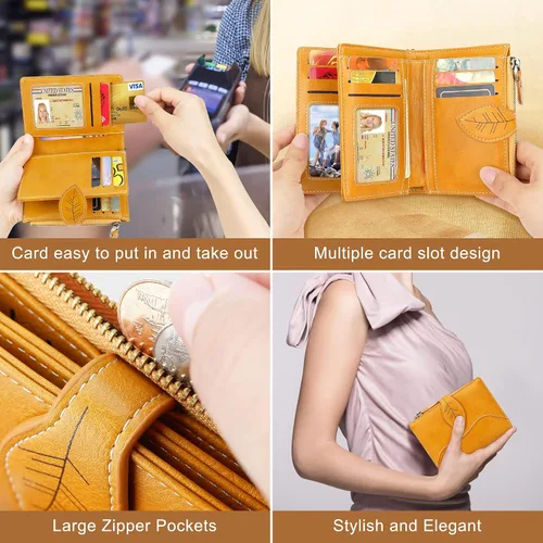 Miniatura 8 de CONISY Cartera pequeña para mujer, cartera compacta de cuero plegable con correa de muñeca con bloqueo RFID para mujer, Amarillo, Casual, clásico