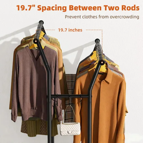Miniatura 5 de Luxspire Perchero de doble barra para colgar ropa, perchero con ganchos laterales, estantes inferiores, ruedas de 360°, percheros para dormitorio